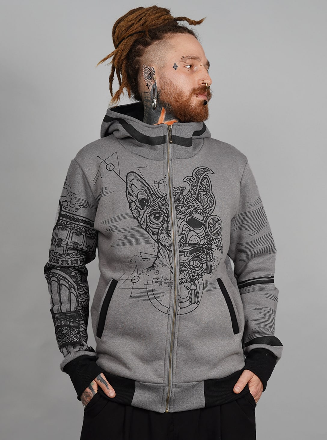 SAMURAI CAT GREY_0005_Layer 4 Samurai Cat MEN HOOD Grey MOULINE - Image 1